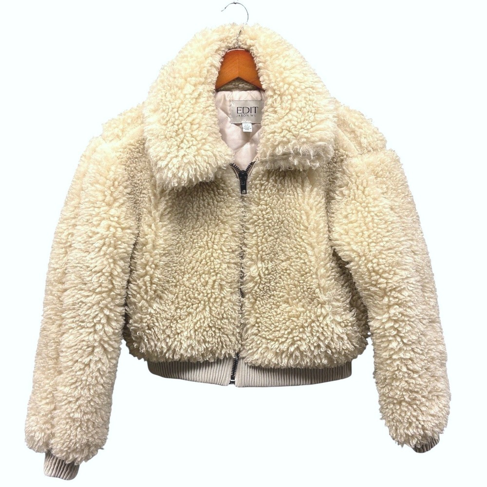 Jason Wu Faux Fur Bomber Jacket Womens S Cream Sherpa Cropped Winter Warm